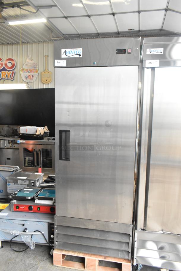 Brand new Avantco 178A19RHC stainless steel single door cooler, commercial-grade, scratch and dent, poly-coated racks, 115V.