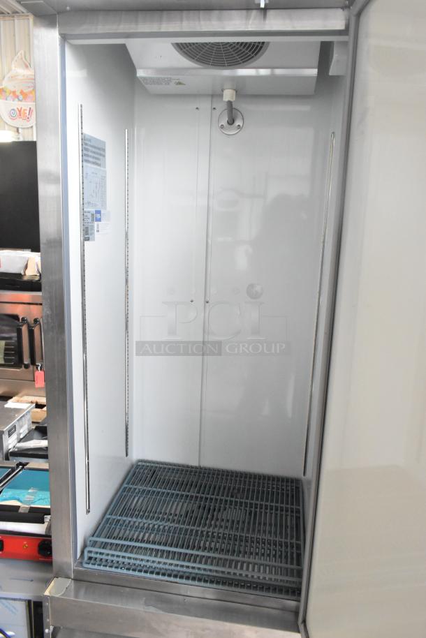 Brand new 2025 Avantco 178A19RHC stainless steel commercial cooler, single door, scratch and dent, with poly coated racks.