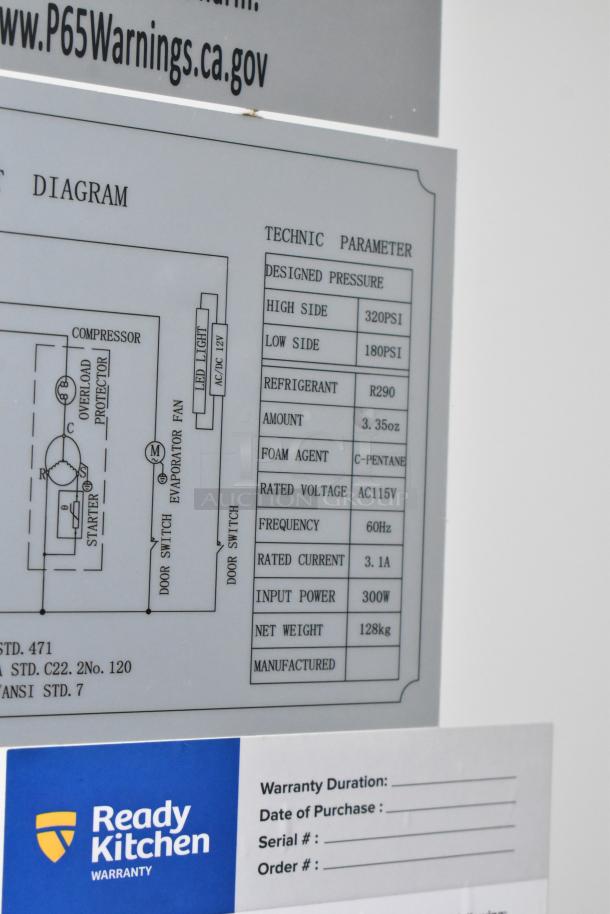 Alt text: "Label for Avantco 178A19RHC cooler showing technical parameters and warranty details."