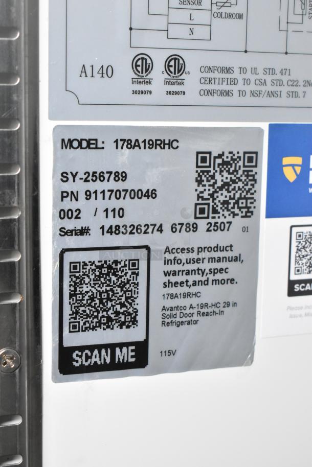 Brand new 2025 Avantco 178A19RHC stainless steel commercial reach-in cooler with poly-coated racks, 115V. Model and QR codes visible.
