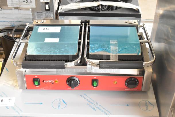 Brand new 2025 Avantco 177PG400 stainless steel dual panini grill, grooved plates, 19 5/8"x9 1/8" surface, 120V, 1 phase.