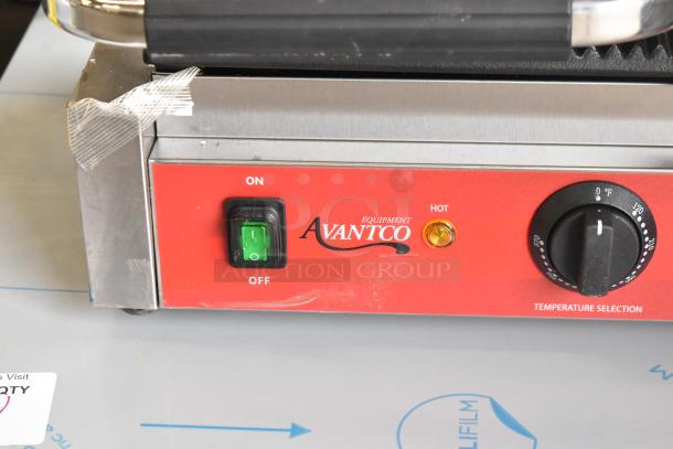 Brand new 2025 Avantco 177PG400 panini grill, stainless steel, grooved plates, 19 5/8" x 9 1/8", 120V, minor scratches.