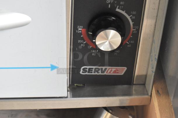 2025 ServIt 423WDSFS1 stainless steel drawer warmer, showing control dial and brand logo; new, with minor cosmetic dents.
