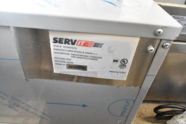 Brand new 2025 ServIt 423WDSFS1 stainless steel drawer warmer, 120V, 450W, with minor scratches. Made in China. Serial: 202504-01251.