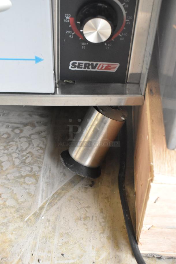 Brand new ServIt 423WDSFS1 stainless steel drawer warmer, 120V, featuring temperature dial and minor dents on the side.
