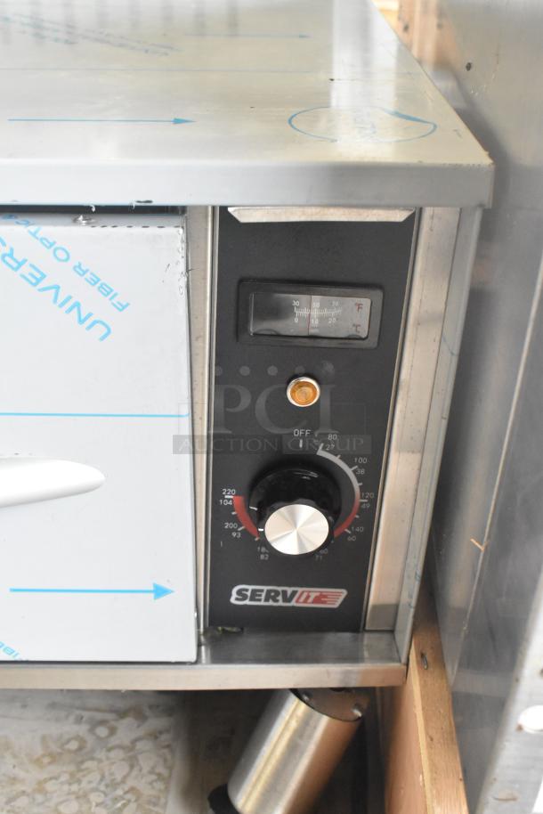 ServIt 423WDSFS1 stainless steel drawer warmer, single freestanding, 120V, 1 phase, minor scratches, temperature dial visible.