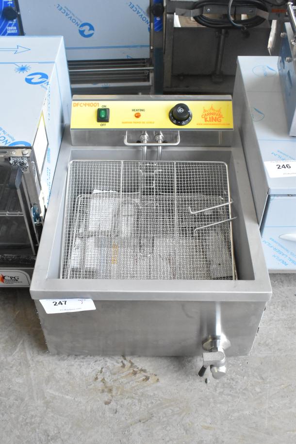 Carnival King 382DFC44001 funnel cake/donut fryer, stainless steel, 25 lb capacity, 240V, new, scratch and dent condition.