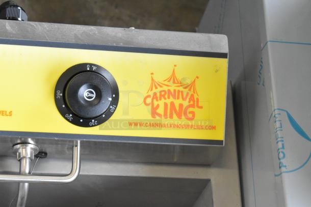 Carnival King stainless steel funnel cake/donut fryer, model 382DFC44001, showing temperature dial, slight scratches, 240V.