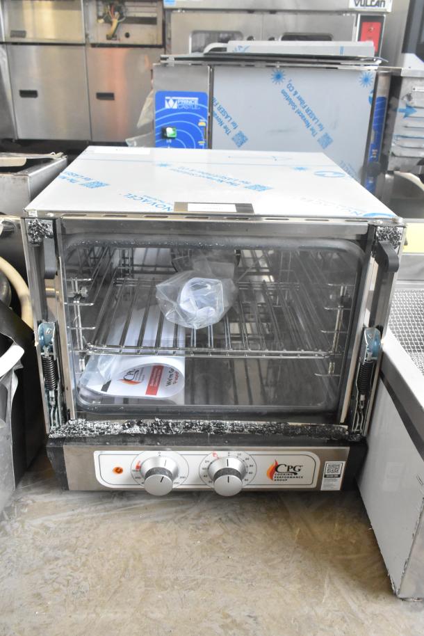 Brand new Cooking Performance Group 351COQT3A convection oven with broken door glass, three trays, 110V, 1 phase.