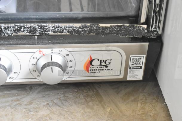 Brand new Cooking Performance Group 351COQT3A countertop convection oven; damaged door glass; 3-tray capacity; 110V, 1 phase.