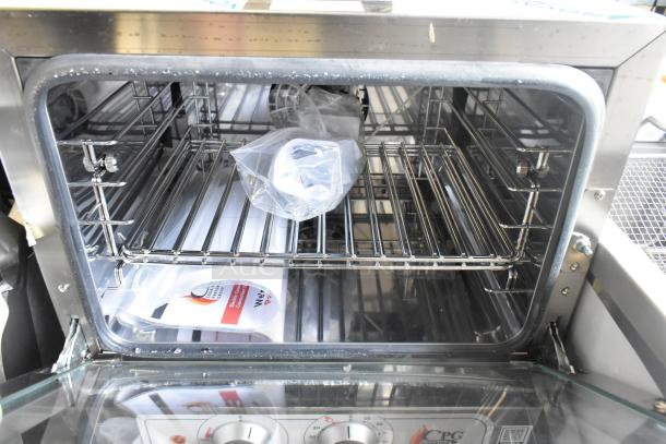 Brand new Cooking Performance Group 351COQT3A electric convection oven. Broken door glass visible; 110V, 1 phase.