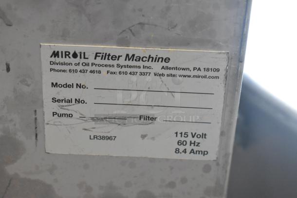 MirOil BD707 fryer oil filter machine label, model BD707, 75 lb. capacity, 120V, 1/2 hp, 115V, slight scratches.