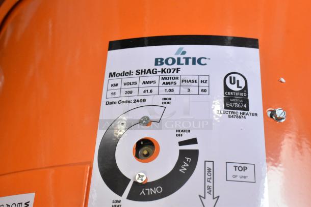 BRAND NEW Boltic SHAG-K07F electric heater, 208 volts, 1 phase, UL certified, with scratch and dent on orange body.
