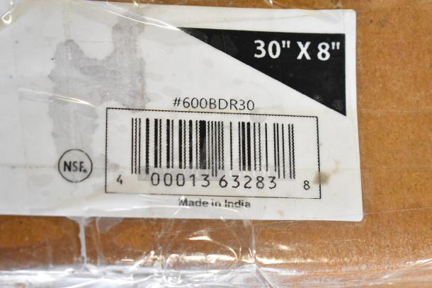 Barcode and label for 600BDR30 Regency 30" stainless steel beer drip tray with rinser. Dimensions: 30" x 8", NSF certified, made in India.