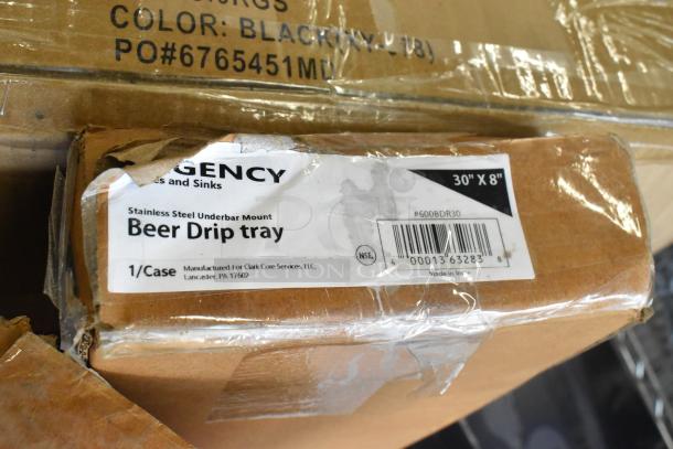 Regency 30" Stainless Steel Beer Drip Tray with Rinser, new, scratch and dent, model 600BDR30, case label visible.