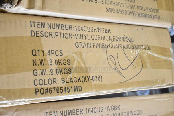 Boxes of 4 Lancaster Table & Seating 164CUSHWGBK Spartan 2.5" black vinyl padded seats for chair and barstool; item number visible.