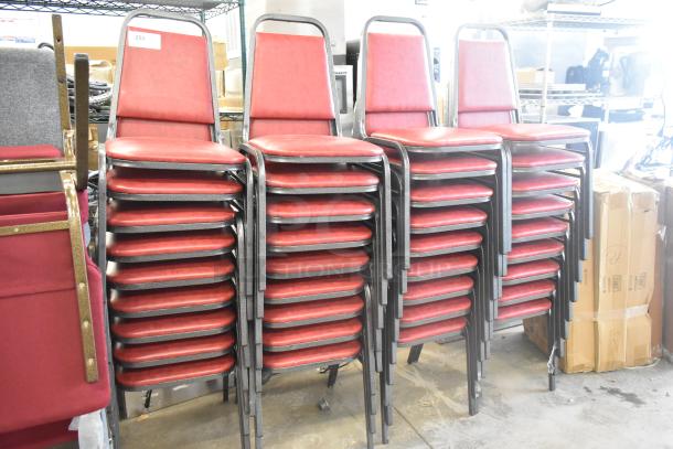 36 brand new Flash Furniture FD-BHF-2-BY-VYL-GG Hercules burgundy vinyl stackable banquet chairs, silver vein frame.