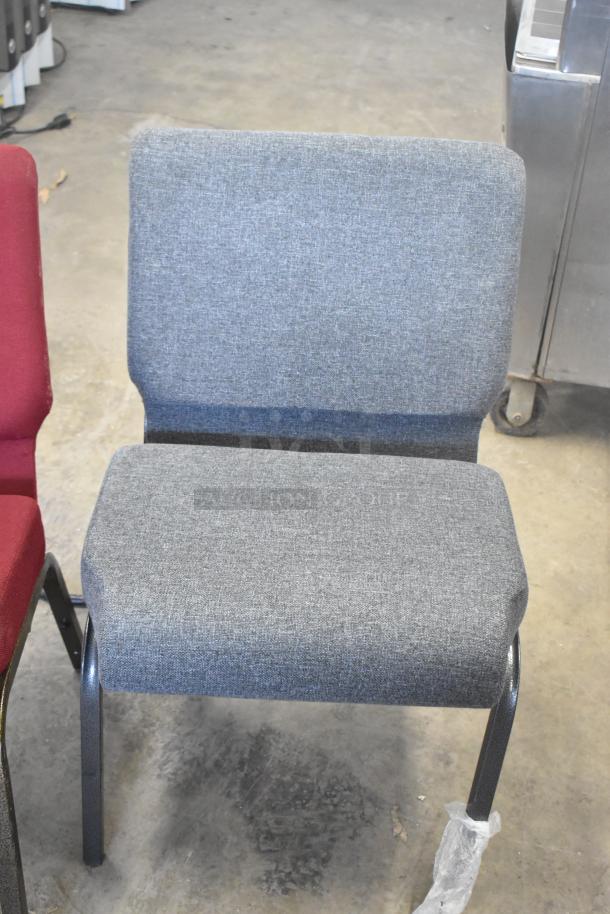 Brand new metal chair with gray cushion, minor scratches. Auction item includes seven chairs. Perfect for office use.
