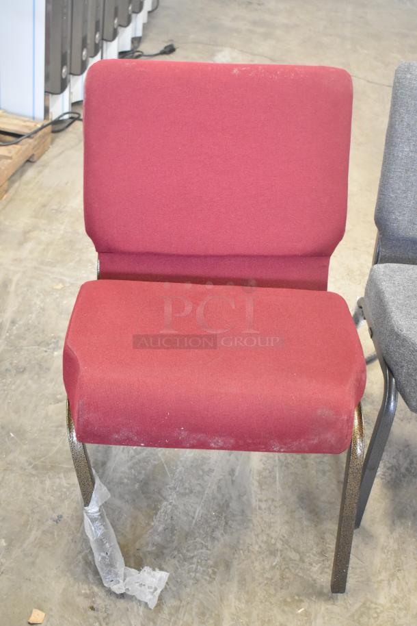 Brand new metal chair with burgundy cushion, showing slight scratch and dent. Includes 7 chairs per bid.