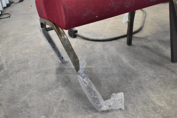 Brand new metal chair with burgundy cushion, minor scratches, plastic-wrapped legs, ready for assembly. Auction: 7 units.