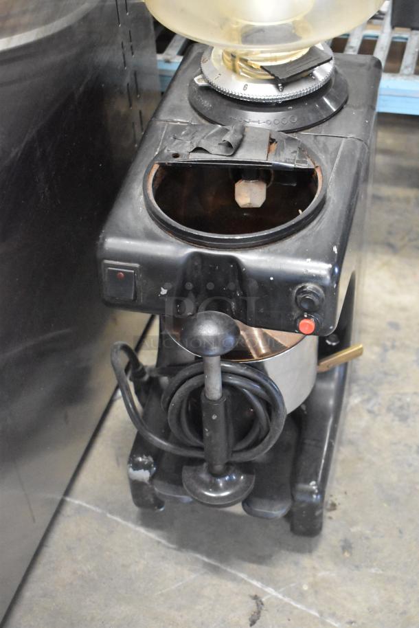 Bregani metal commercial espresso bean grinder, missing lid. Condition shows wear. 115 volts, 1 phase.
