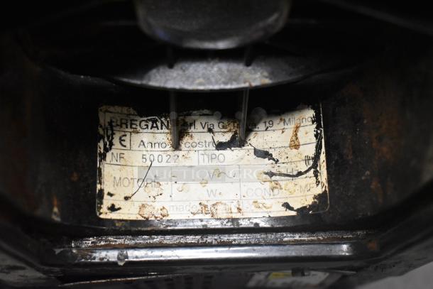 Bregani commercial espresso bean grinder, metal, missing lid. 115 volts, 1 phase. Label shows some wear and markings.