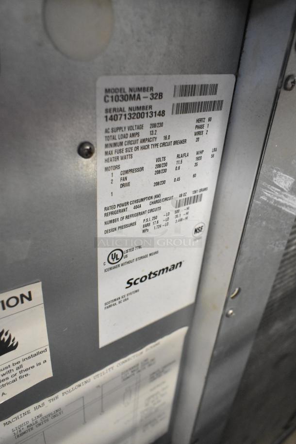 Scotsman Prodigy C1030MA-32B stainless steel ice machine label showing model, voltage, and certification details.