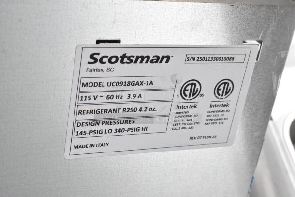 Scotsman UC0918GAX-1A ice machine label, shows 115V, refrigerant R290, made in Italy, ETL certified.