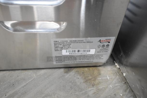 BRAND NEW Avantco 177EG30N 30" Stainless Steel Electric Countertop Griddle. 208/240V, 1 Phase. Label shows specs.
