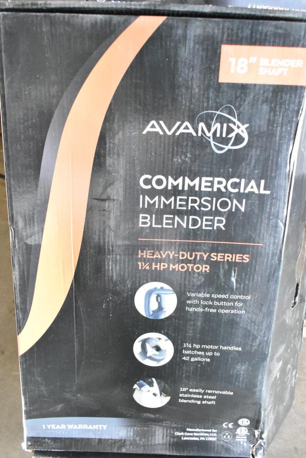 Brand new AvaMix 928IBHD18 18" heavy-duty immersion blender, 1 1/4 hp, variable speed, 120 volts, in original box.