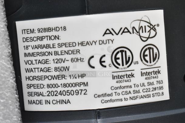 Alt text: AvaMix 928IBHD18 label, 18" variable-speed immersion blender, 1 1/4 hp, 120V, 850W, ETL certified, made in China.