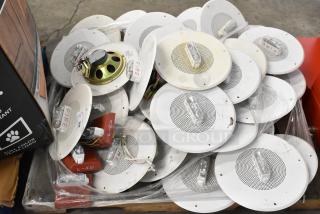 Pallet lot of Wheelock S8-24MCC speaker enclosures with fire alarm lights, mixed condition, marked "FIRE."