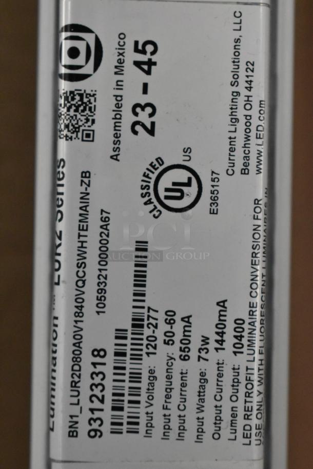 Box label displaying iSystems Lights specifications, including model BN1_LUR2D80AV1840VCSWTEMAIN-ZB, 73W, 10400 lumen output.