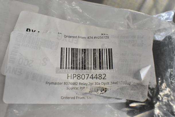 Close-up of Frymaster 8074482 relay in package with visible barcode and label details. New condition, part of a 6-item lot.