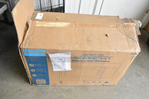 KoolMore KM-MOT-1SS stainless steel microwave, new scratch and dent. Box shows dent and markings. 1.6 cu. ft. capacity.
