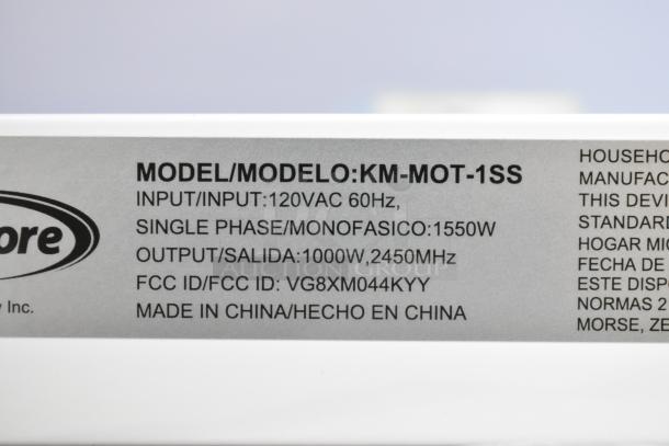 KoolMore KM-MOT-1SS microwave label, 120VAC, 60Hz, 1550W, 1000W output, FCC ID VG8XM044KYY, made in China.