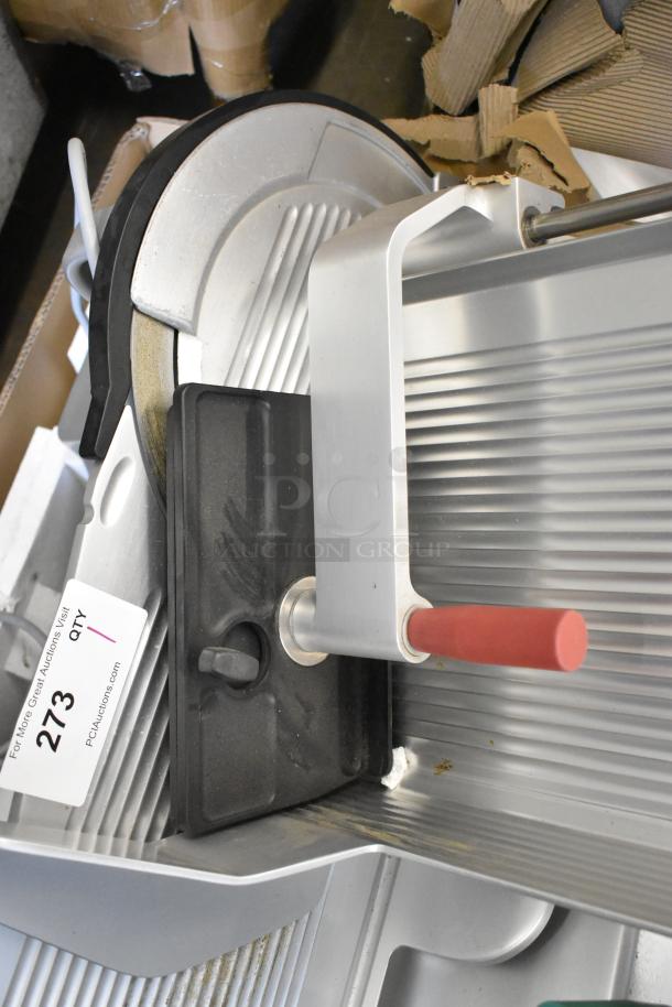 2018 Bizerba GSP H metal meat slicer, commercial countertop model, 120V, 1 Phase, with red handle and visible auction tag.