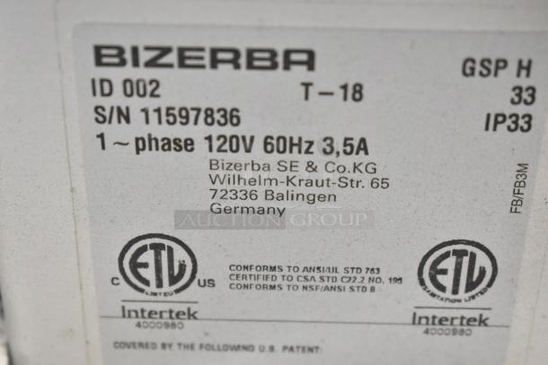 2018 Bizerba GSP H meat slicer label, 120V, 1 Phase, Serial No. 11597836, Intertek certified, made in Germany.