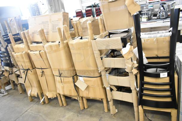 Stack of 42 brand new Lancaster Table & Seating wooden ladder back bar stools and dining chairs in original packaging.