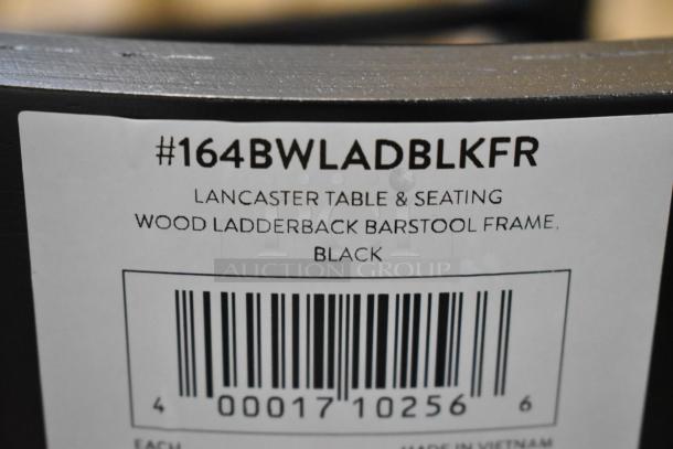 Label showing code #164BWLADBLKFR for Lancaster Table & Seating Wood Ladderback Barstool Frame, Black. Barcode displayed.