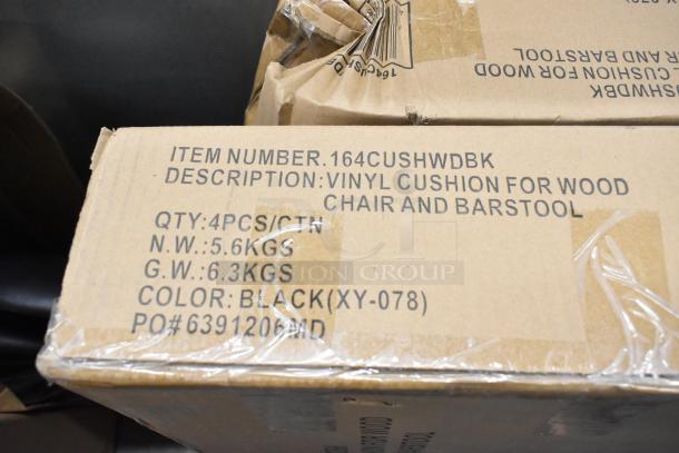Box labeled "Vinyl Cushion for Wood Chair and Barstool," item number 164CUSHWDBK, color black, 4 pieces per carton.