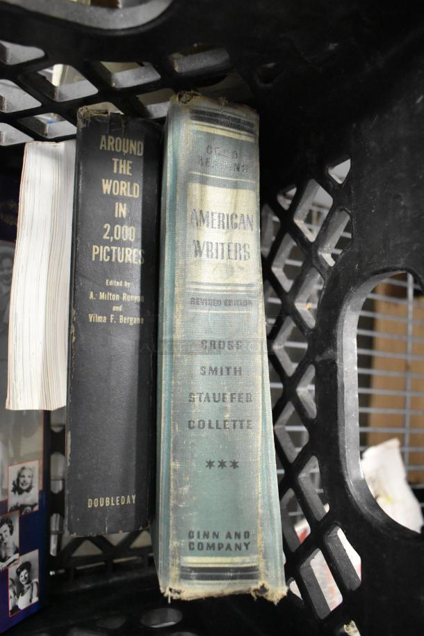 Alt text: "Lot featuring vintage books including 'Around the World in 2,000 Pictures' and 'American Writers,' with worn spines."