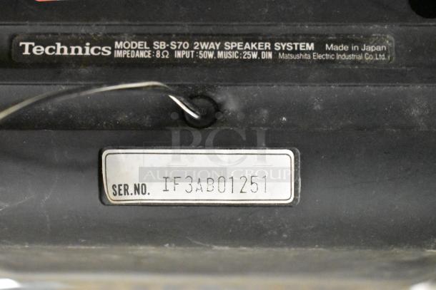 Technics SB-S70 2-way speaker system label showing model, impedance, input power, and serial number IF3AB01251.