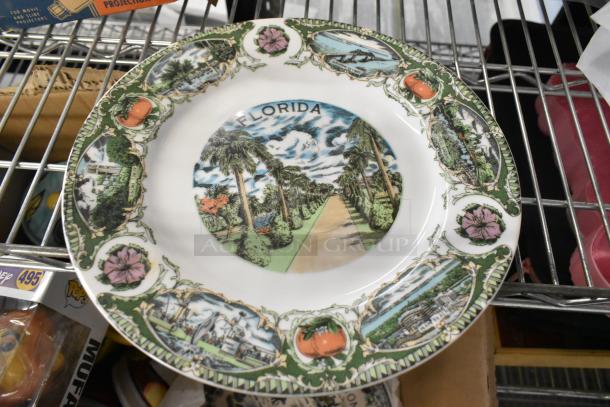 Ceramic Florida state plate with colorful scenic illustrations and floral border, in good condition.