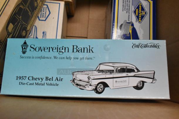Boxed 1957 Chevy Bel Air die-cast model by Ertl Collectibles, Sovereign Bank branding, displayed with other vehicle figurines.