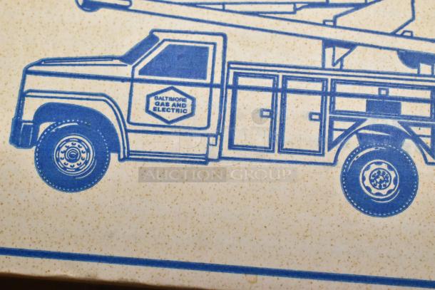 Illustration of a Baltimore Gas and Electric service truck on a speckled surface.