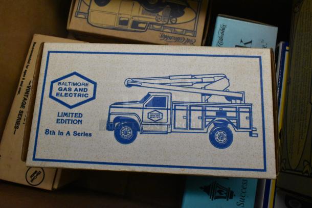Limited edition box for a model truck from the Baltimore Gas and Electric series, featuring utility truck illustration and series details.