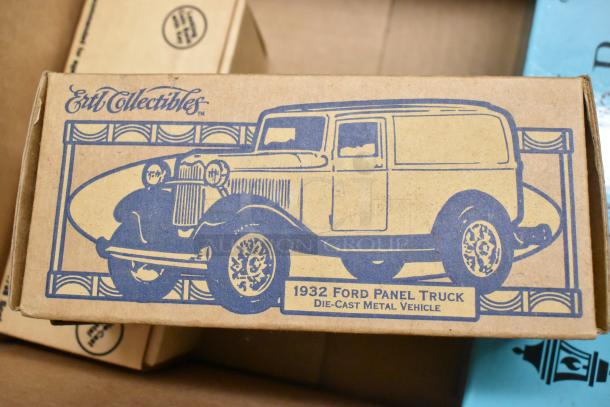 Ertl Collectibles 1932 Ford Panel Truck die-cast model box. Brown with blue illustration, detailed design.