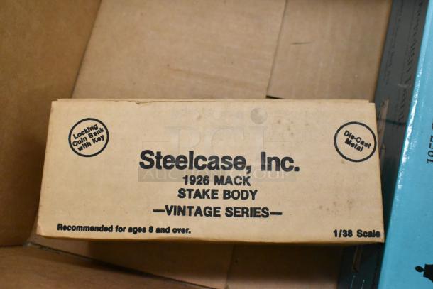 Box for Steelcase, Inc. 1926 Mack Stake Body figurine, vintage series, 1/38 scale, locking coin bank with key, die-cast metal.