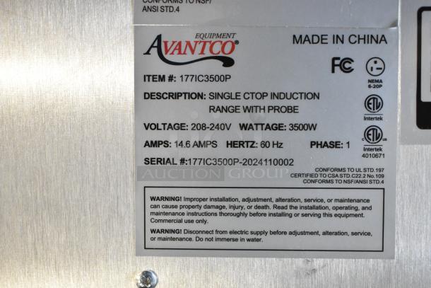 Stainless steel induction range by Avantco, model 177IC3500P. Features 208-240V, 3500W, probe. New, scratch and dent condition. Serial: 177IC3500P-2024110002.
